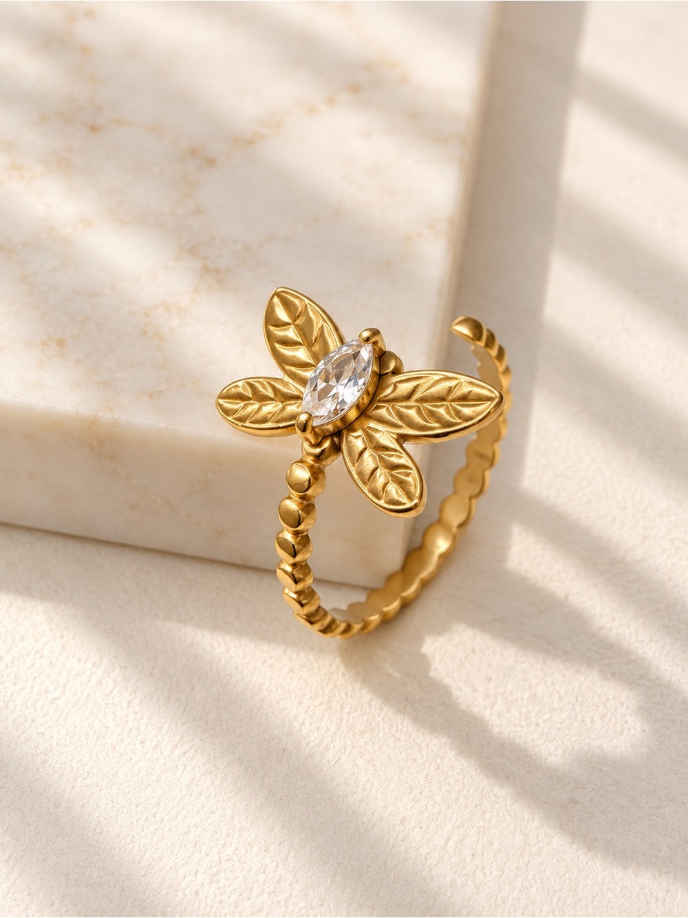 Gold Plated Leaf Floral Crystal Adjustable Ring